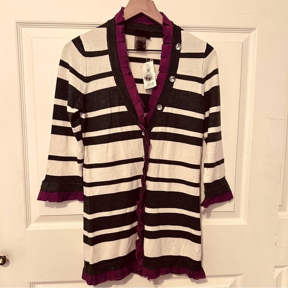 Vintage Sweaters - Vintage | Sweater | Striped Cardigan with Ruffle | Academic | Artsy |